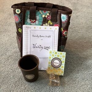 Thirty-One Brown Floral Tote with Game Set